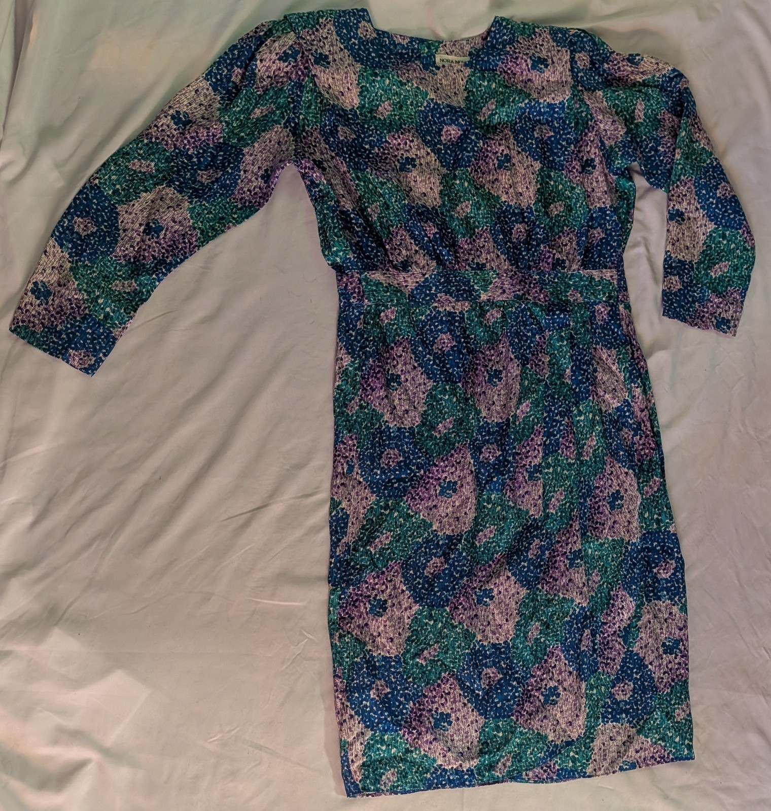 Designer Norah Noh VTG Silk Women Dress Sz 8P Impressionist Blue Green Chic Midi