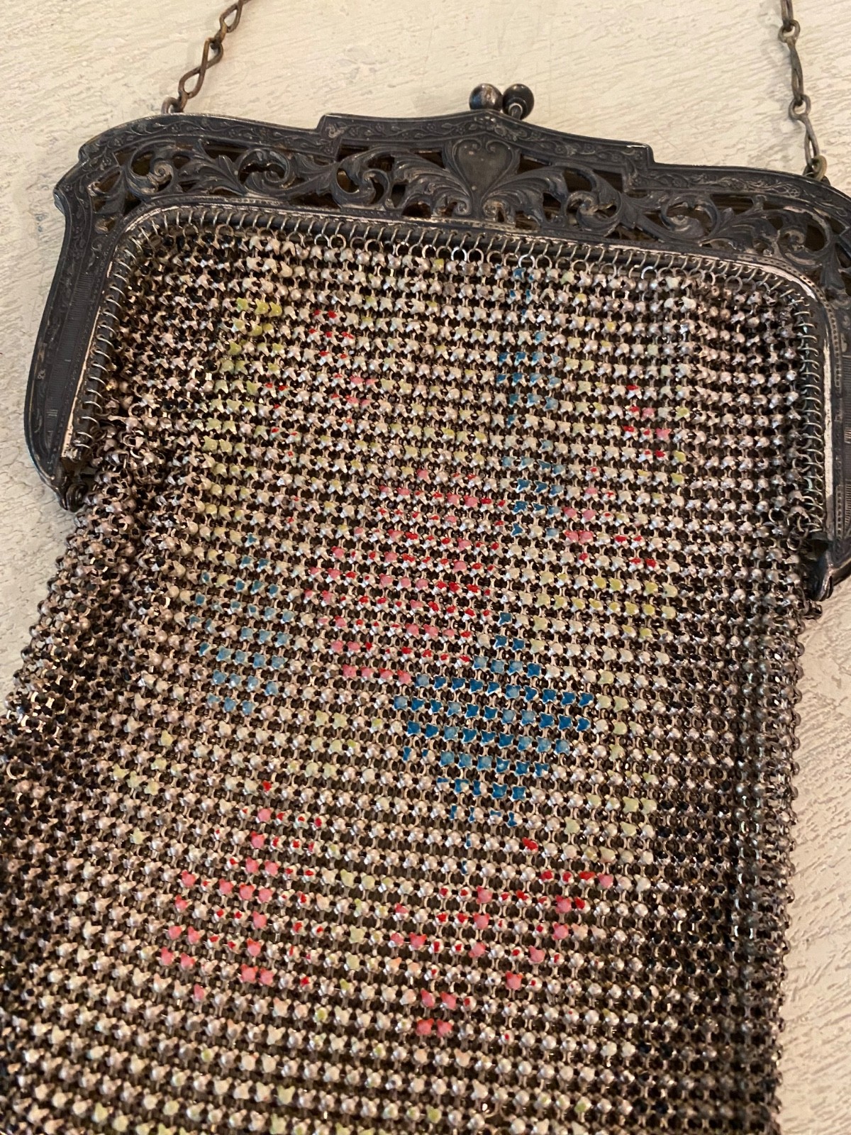 Antique Mandalian Art Deco Enamel Mesh Purse handpainted evening bag 1920s