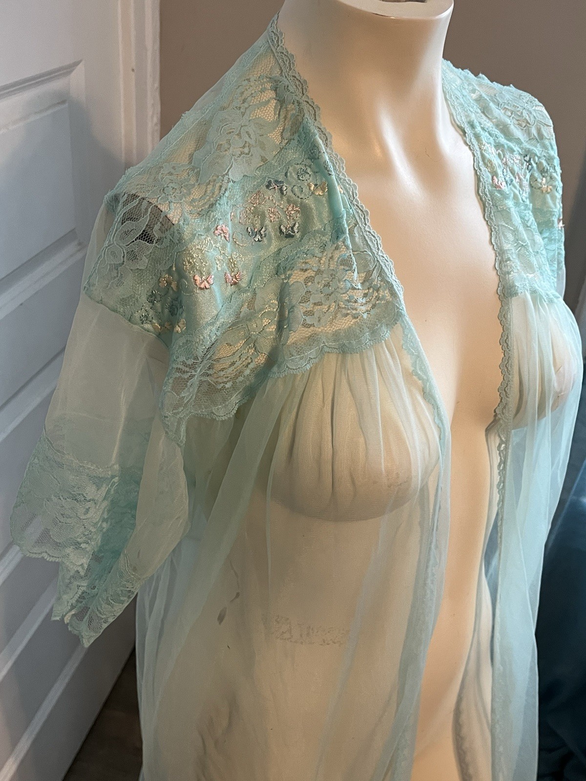 Vintage Stardust Sheer Aqua Blue Lace Robe Nylon Open Front 60” Small S