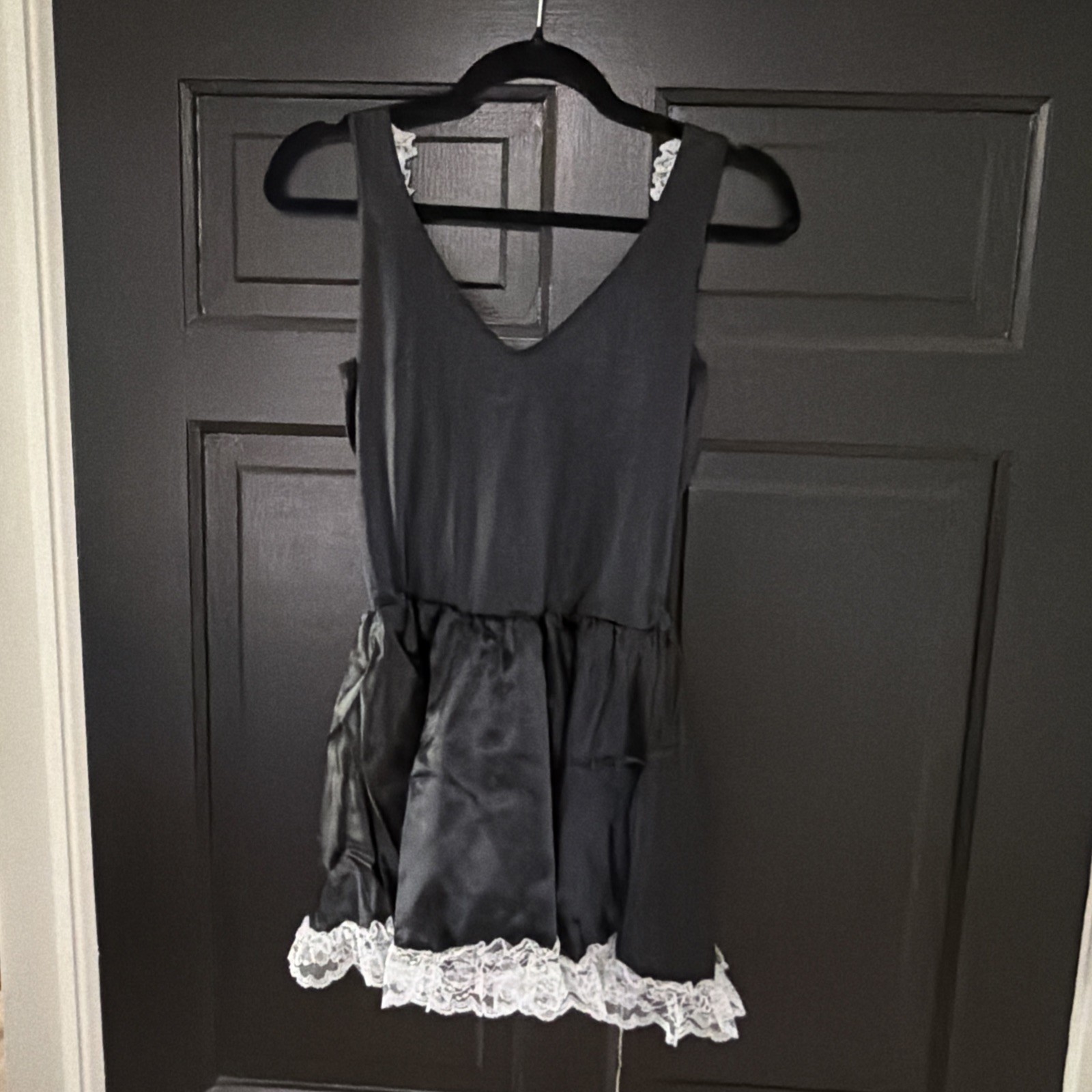 VTG Fredericks Of Hollywood French Maid Dress Size L Black Satin White Lace -New