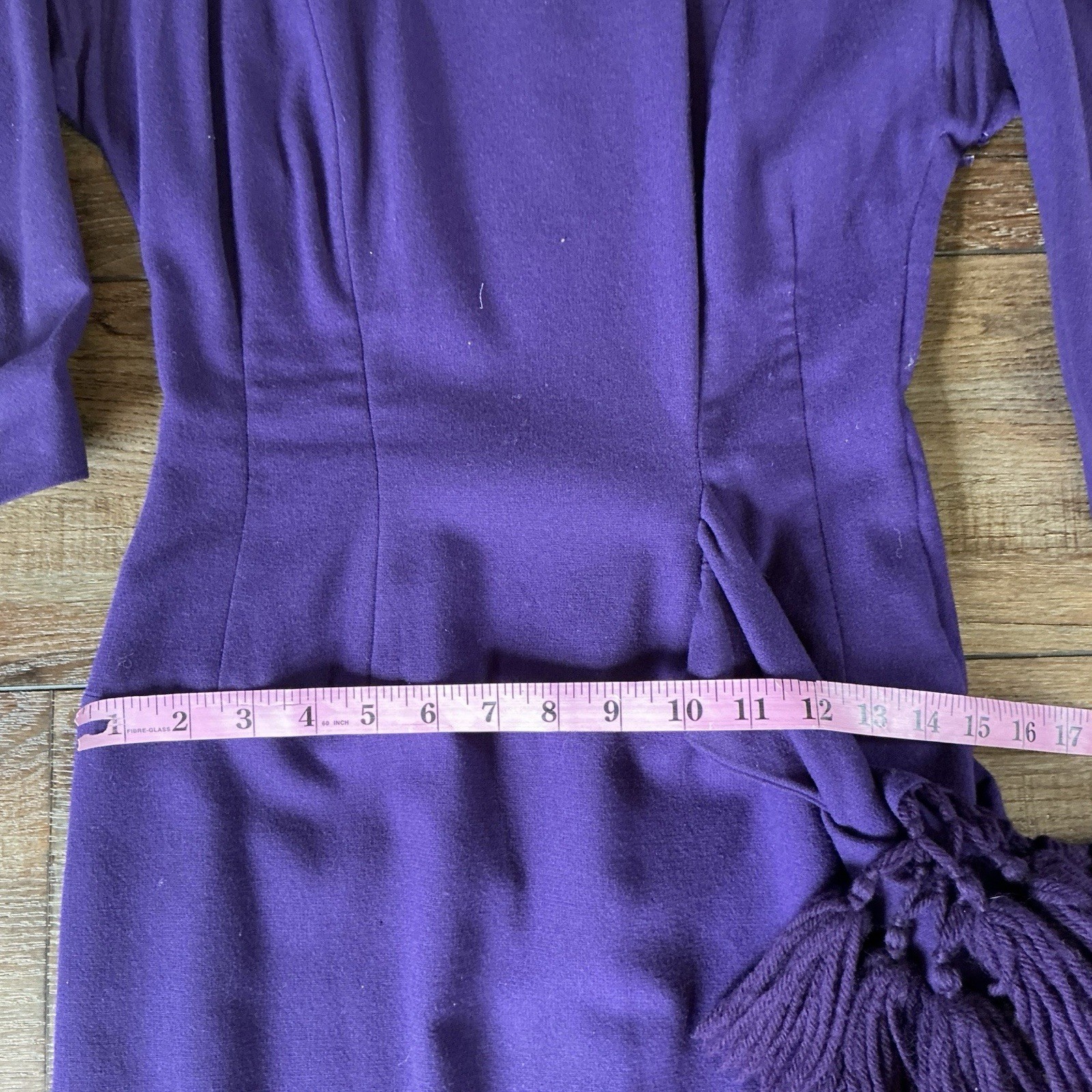 40s VTG Tailored Junior Purple Wool Wiggle Dress Tassle Hip Detail Size XS #37D7
