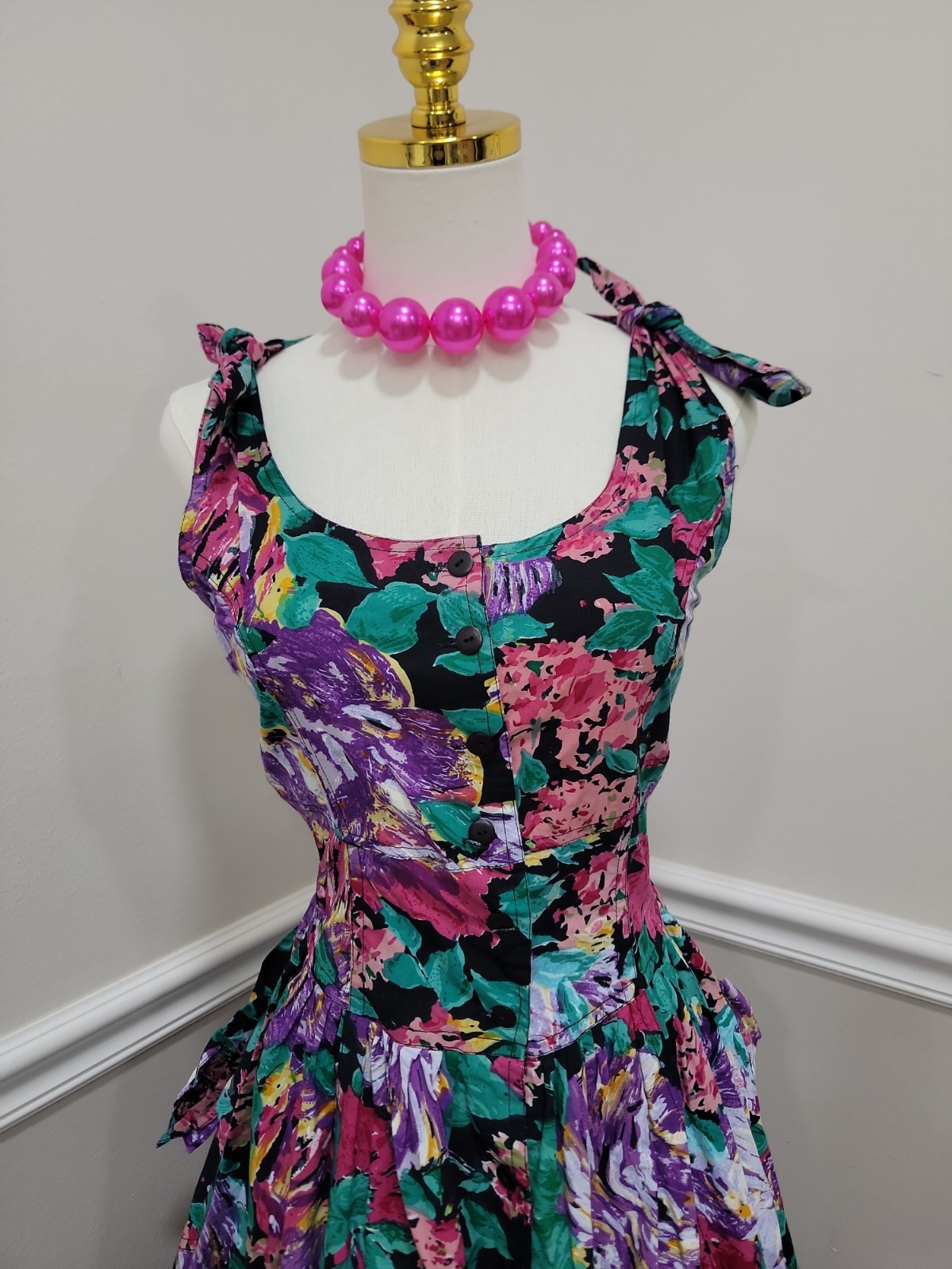 VTG 80s Floral Dress Tie Shoulder Midi Full Skirt Button Front Tea Garden