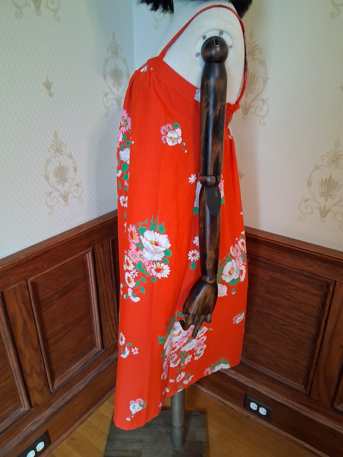 Vintage 1960s/1970s Red Floral Smocked Cotton Blend Mod Hippie Boho Sundress