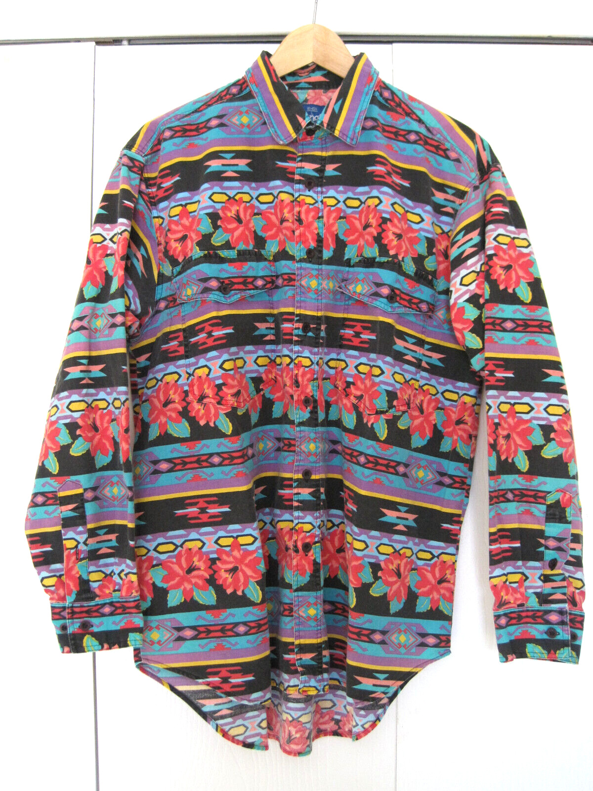 Vtg WRANGLER Western Shirt Aztec Hawaiin Flower Long Sleeve Men Size L 16-16 1/2