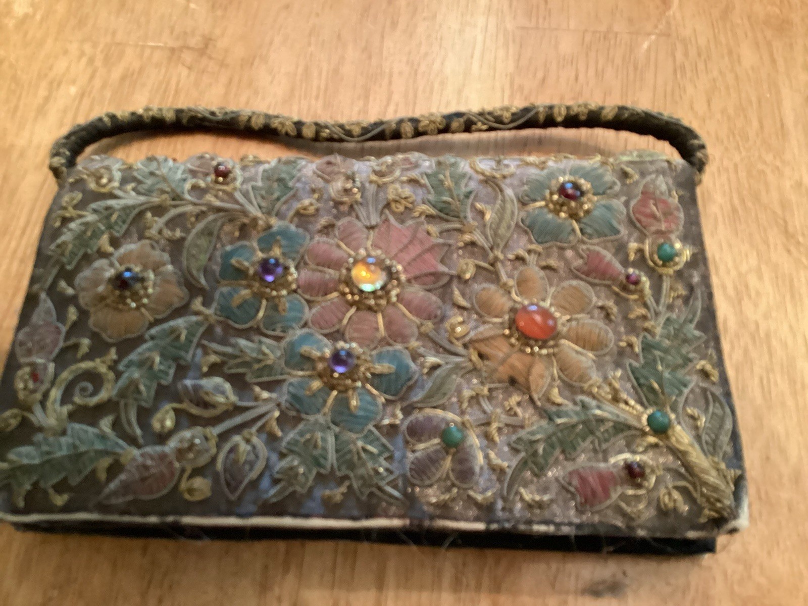 VTG Zardozi Purse W/ Handle, Gold Metal Silk Embroidery Amethyst Amber Jewels,