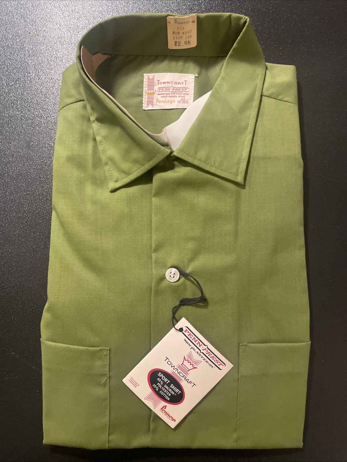 vintage 50s 60s Penneys Towncraft NOS NWT Deadstock Loop Collar Shirt Green M