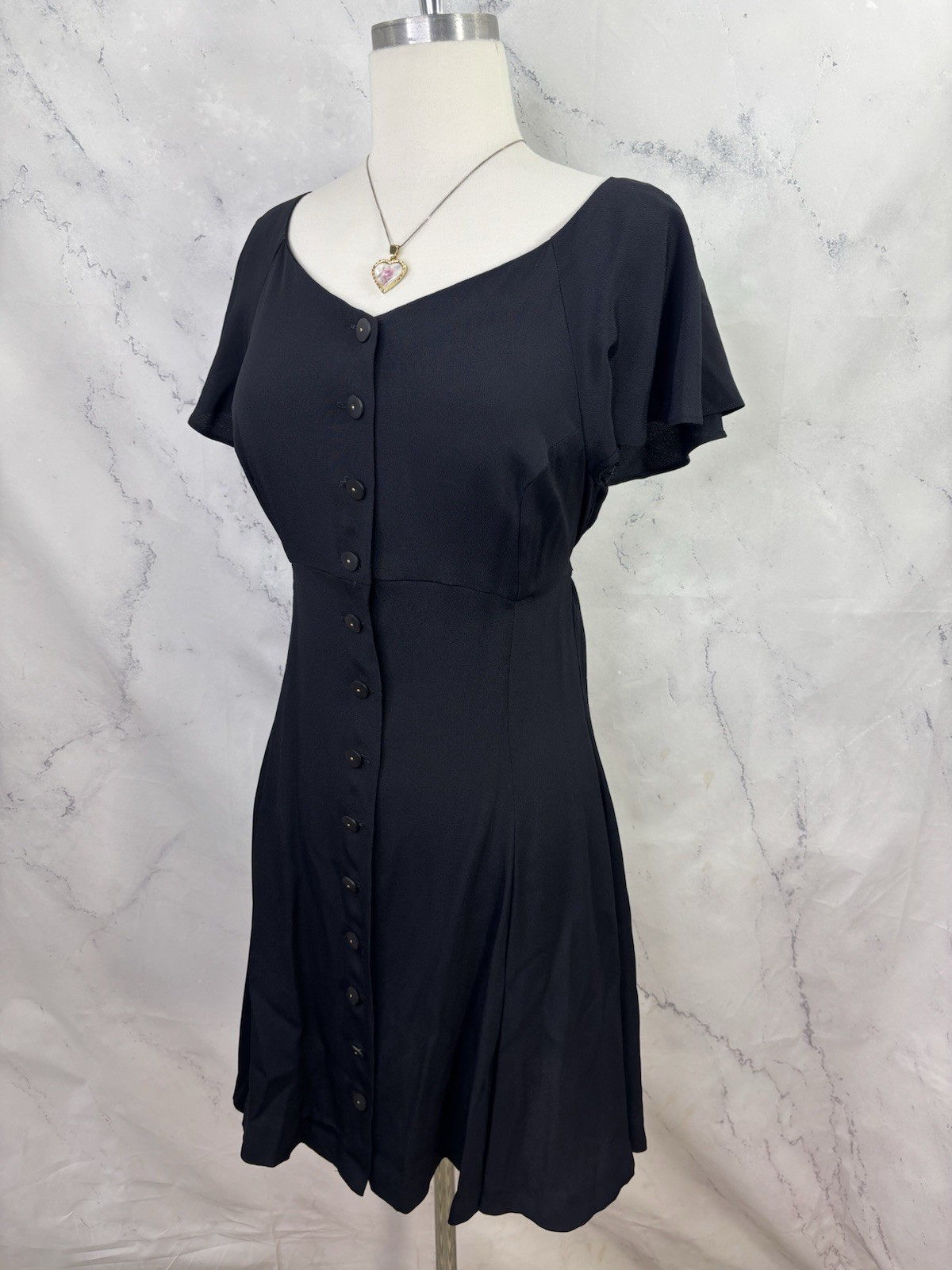 Betsey Johnson 90s USA Dress Sz M Fit Flare Black Punk Goth Emo Button Witchy