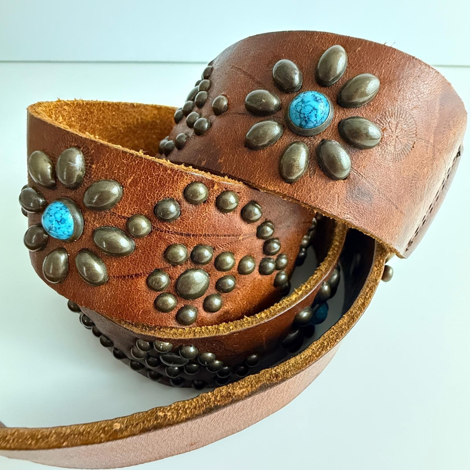 Vintage Brown Leather Studded Belt Turquoise Flower Inlay Boho Western 45 Inch