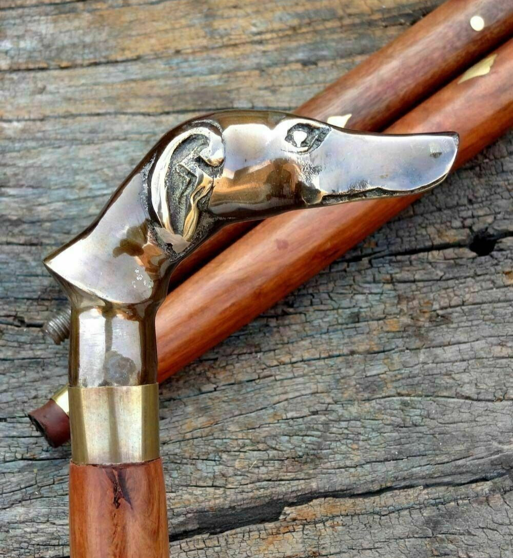 Victorian Brass Dog Handle Head Designer Cane Vintage Wooden Walking Stick Gift