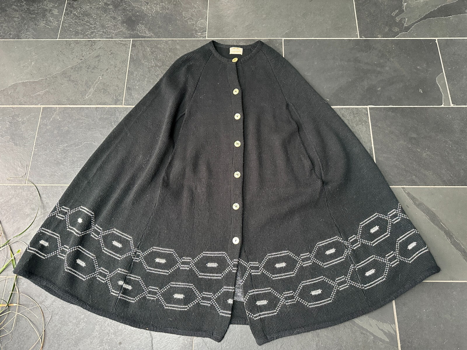 Vintage 1970s Black and White Acrylic Button Front Knee Length Cape Sturbridge