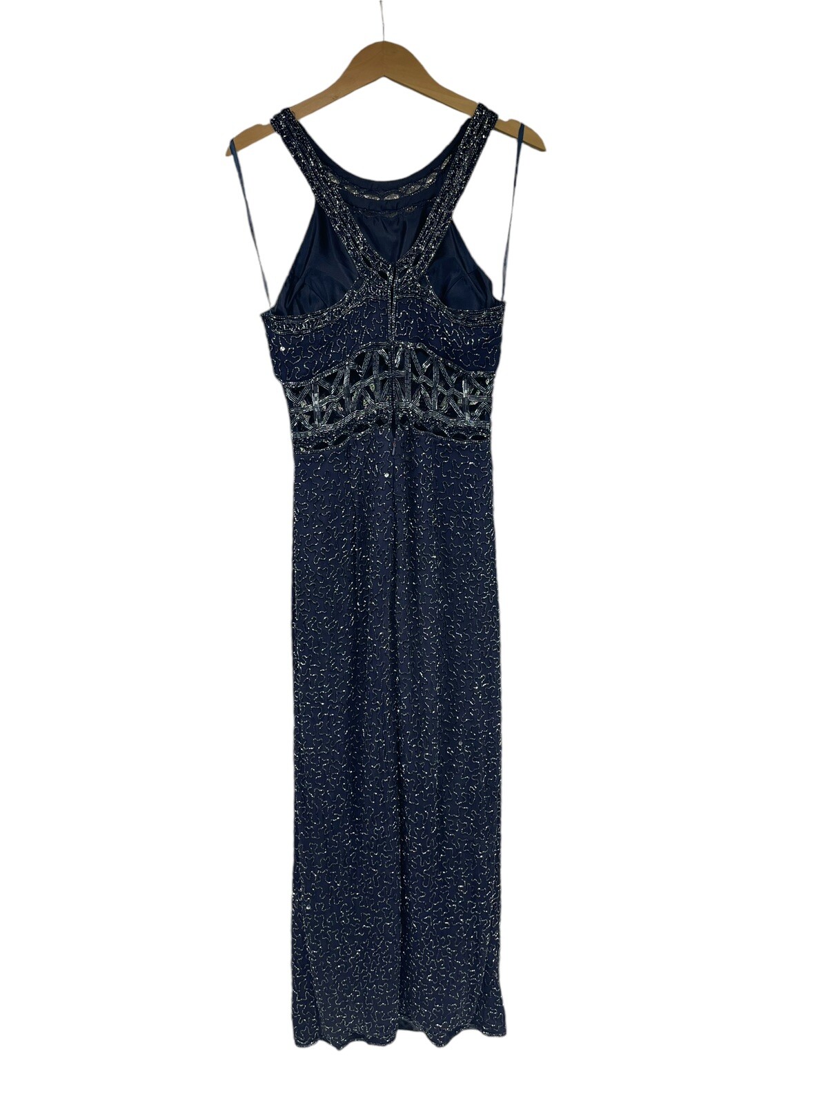 Vintage Scala 100% Silk Fully Beaded Gown Prom Dress Navy Blue Cut Out Womens M