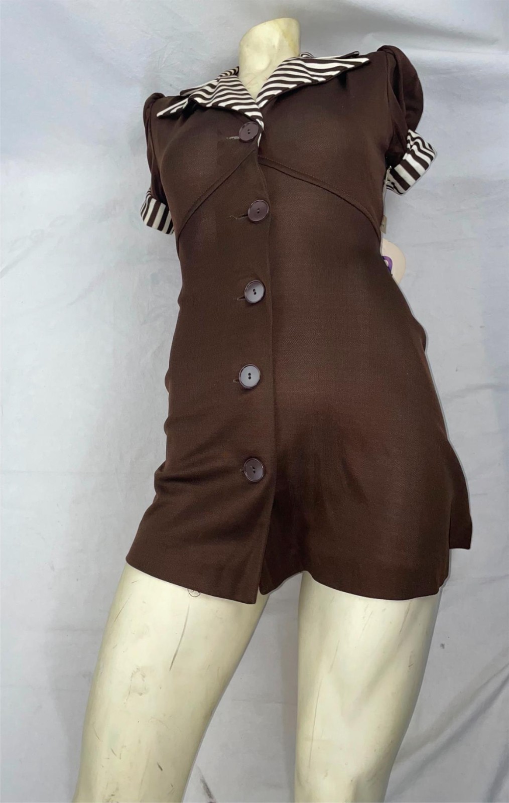 VTG 70S WOMENS XS NEW BROWN WHITE STRIPE BUTTON DISCO GO-GO CUTE DOLL MINI DRESS