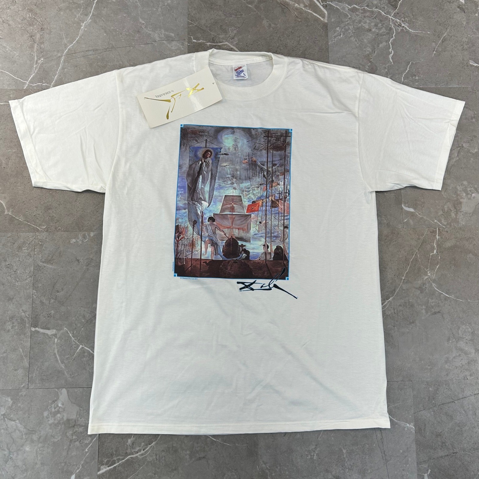 Vintage Salvador Dali Graphic Tee Mens Large Deadstock Discovery Of America Art