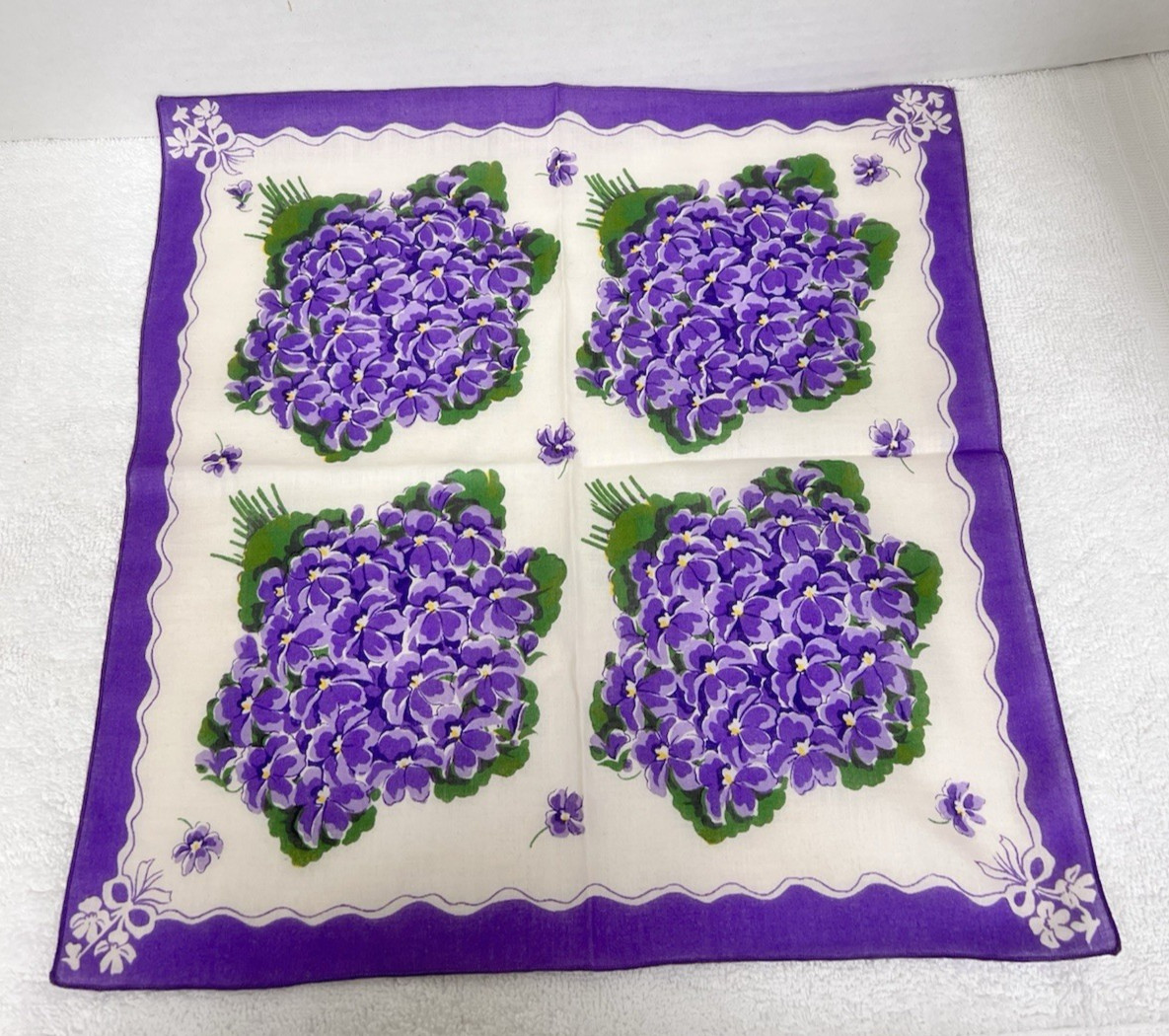 Vintage Purple Violet Floral Cotton Handkerchief Hankie Purple Green White