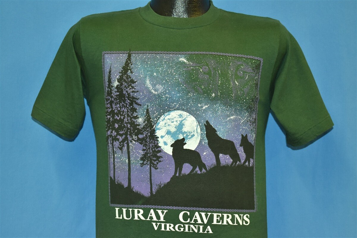 vtg 90s LURAY CAVERNS VIRGINIA WOLVES HOWLING MOON STARS NATURE ANIMAL t-shirt S