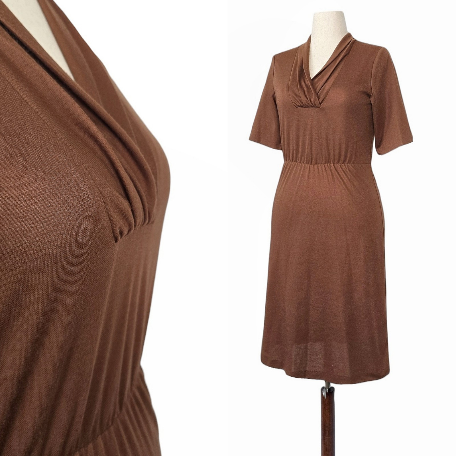 1980s Vintage Dress 80s Brown Midi Small Medium V Neck Short Sleeves A Line S/M