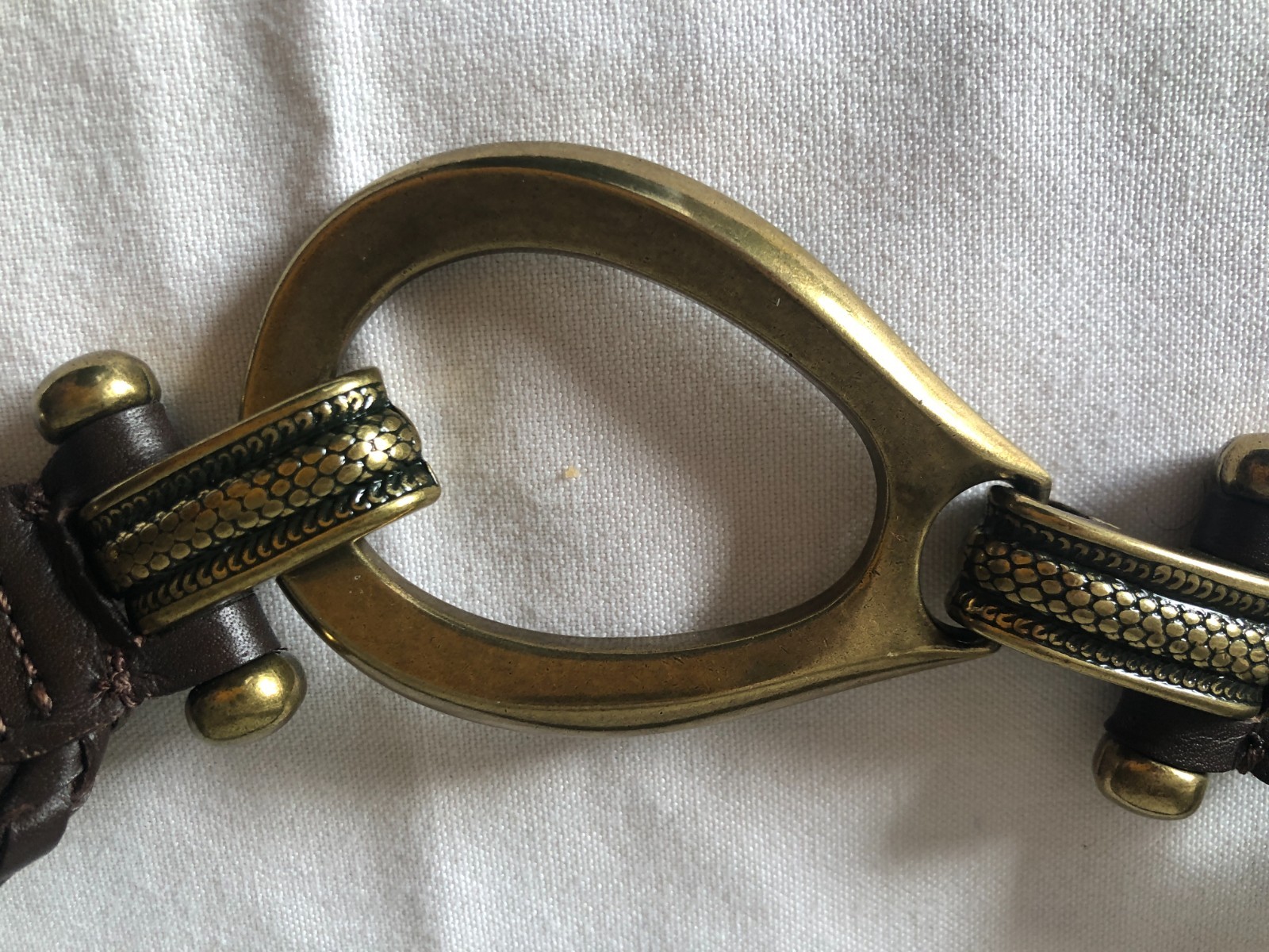 Brown Braided Leather Belt Brass Buckle Adjustable Unisex Adults