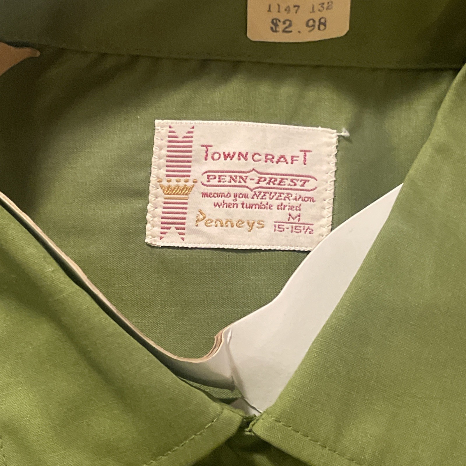 vintage 50s 60s Penneys Towncraft NOS NWT Deadstock Loop Collar Shirt Green M