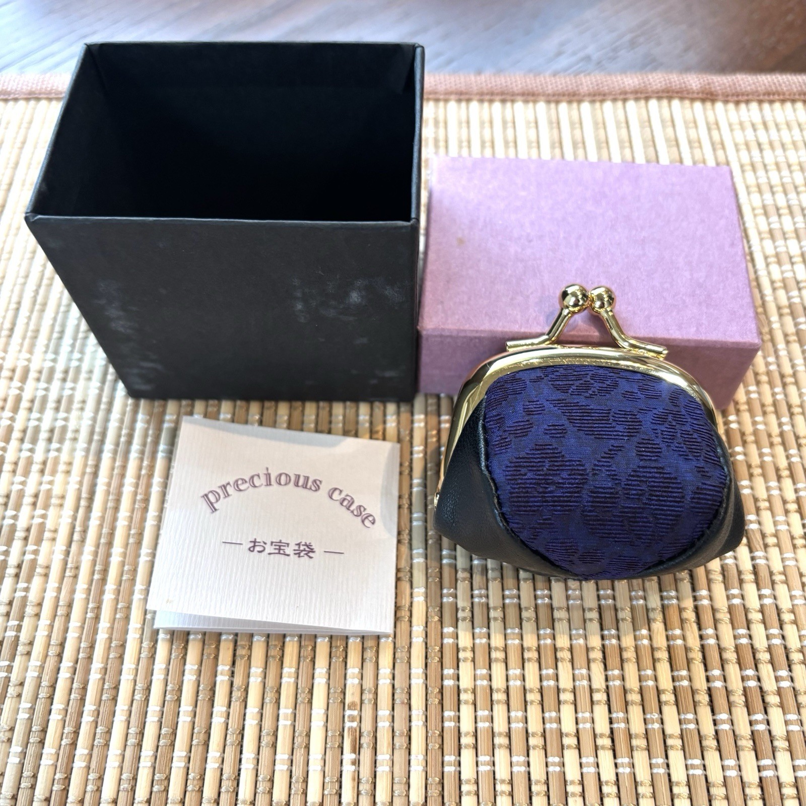 Vintage Japanese Wanaori Silk Leather Coin Purse Mini Gamaguchi Boxed