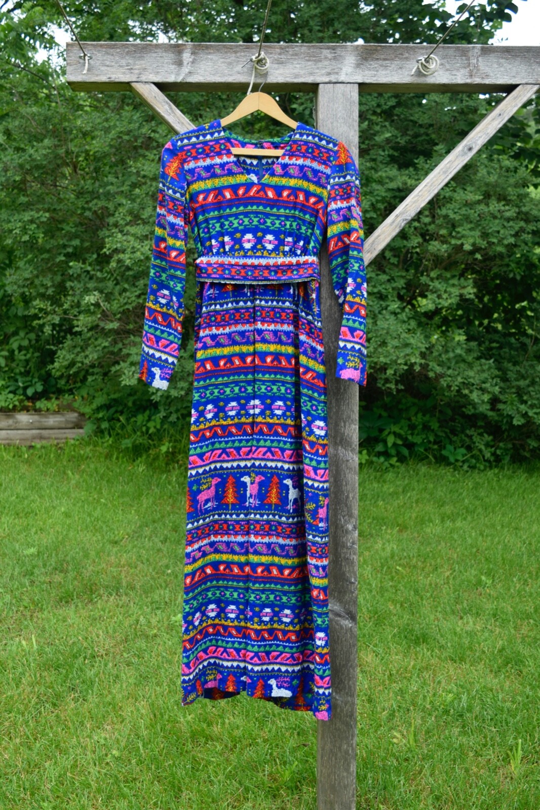 1970s XS Vibrant Nordic Print Maxi Dress Women’s Blue Psychedellic Long Sleeve