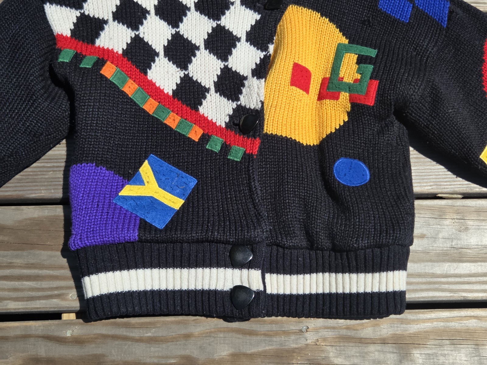 🖤Vintage 90s Abstract Geometric Sweater Jacket Black Colorblock Memphis Design