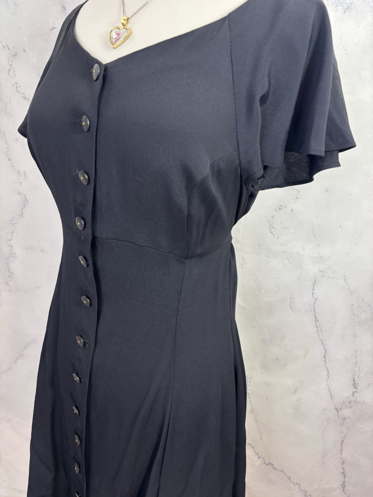 Betsey Johnson 90s USA Dress Sz M Fit Flare Black Punk Goth Emo Button Witchy