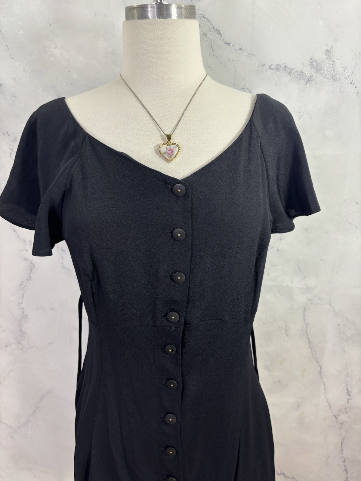 Betsey Johnson 90s USA Dress Sz M Fit Flare Black Punk Goth Emo Button Witchy