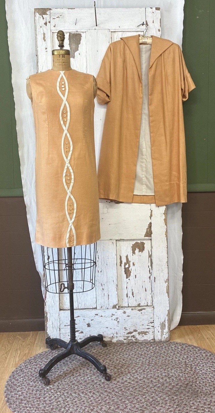 1950s True Vtg Women’s 2 Piece Dress Coat Set Coral Linen S/34” Bust