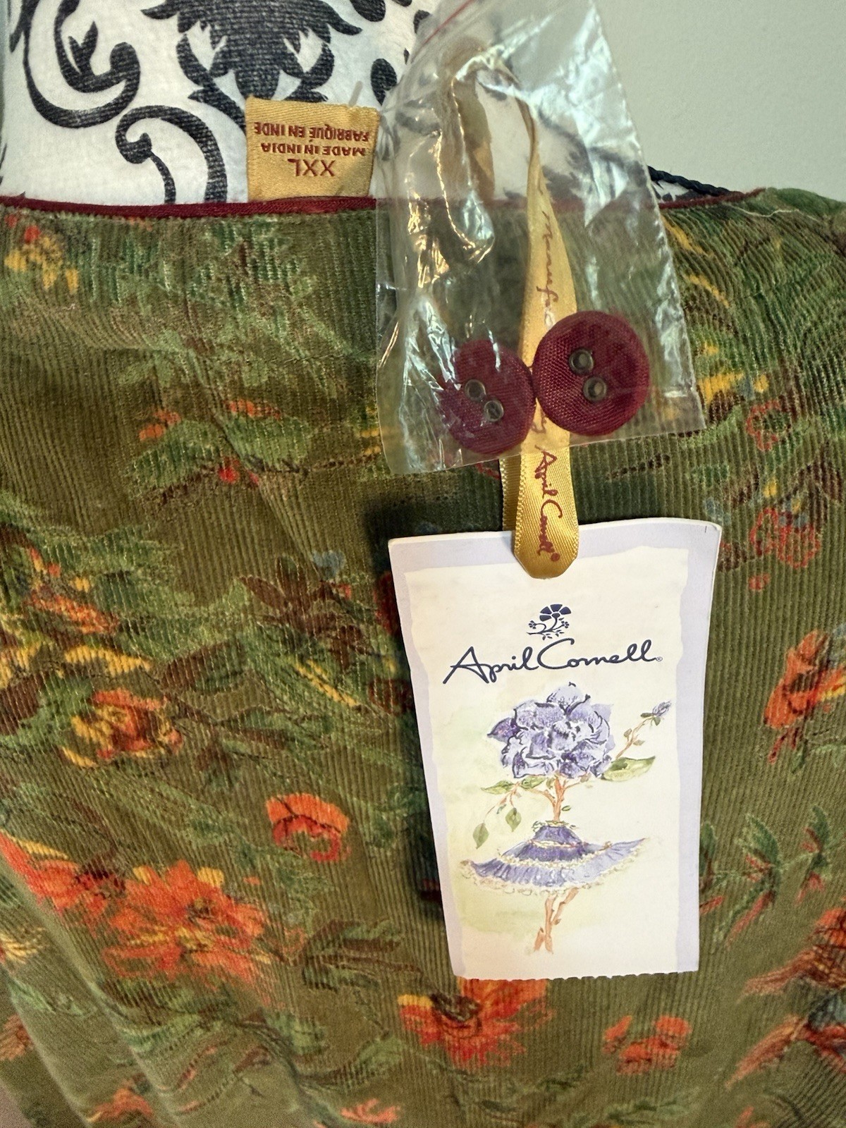 April Cornell Vintage Green Corduroy Dress XXL Sleeveless Button Front Pockets