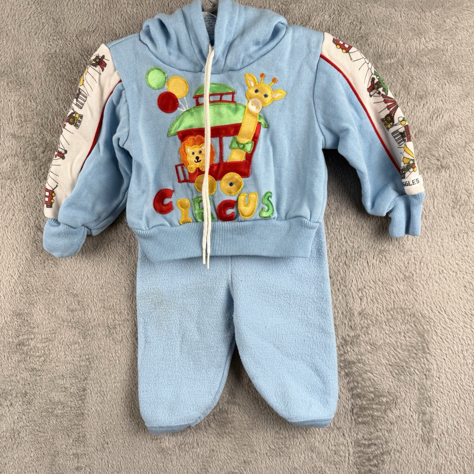 Joggles Outfit Baby Boy 3-6 Blue Circus Giraffe Lion Hooded Sweat Suit 80s VTG
