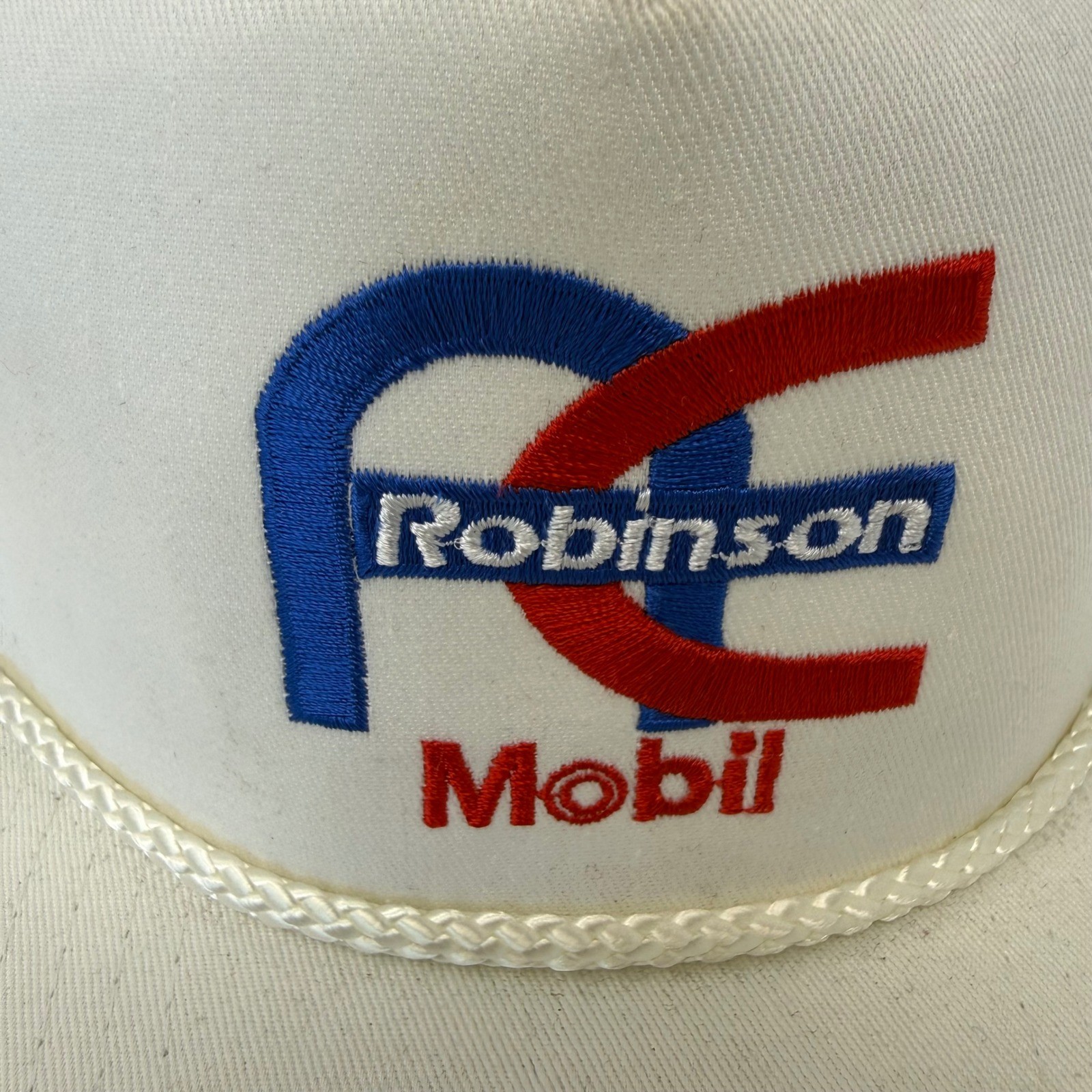 Vintage Robinson Mobil Oil Trucker Hat White Rope Snapback Gas Station Cap Mens