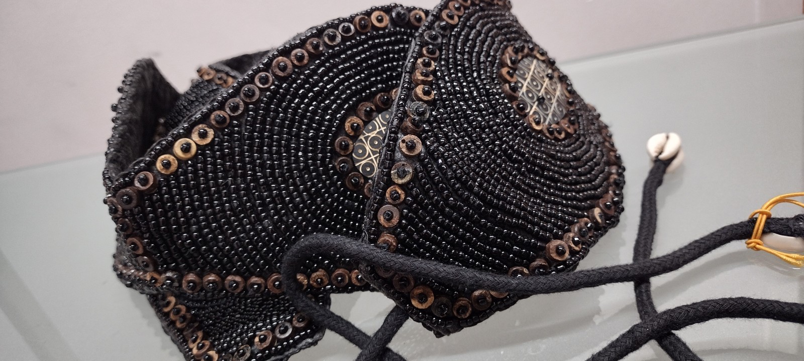 African Beaded Wood SASH BELT Black Coffee WIDE HIP BELT XL 42 in