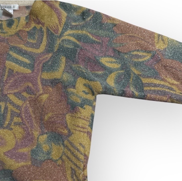 1980’s Vintage Pullover Sweater in Dusty Rose, Gold & Green, Lambswool Angora, S
