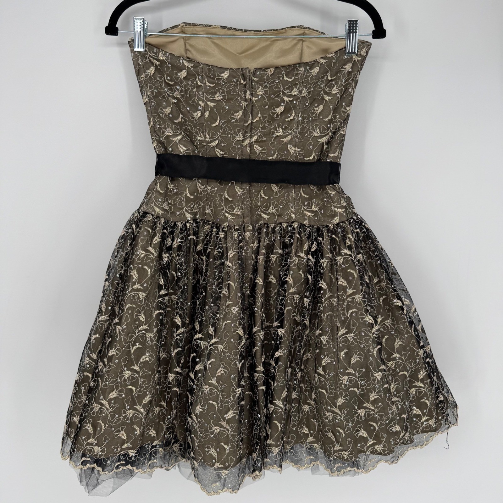 JESSICA MCCLINTOCK VINTAGE STRAPLESS MINI PARTY DRESS BLACK GOLD TULLE SKIRT 4