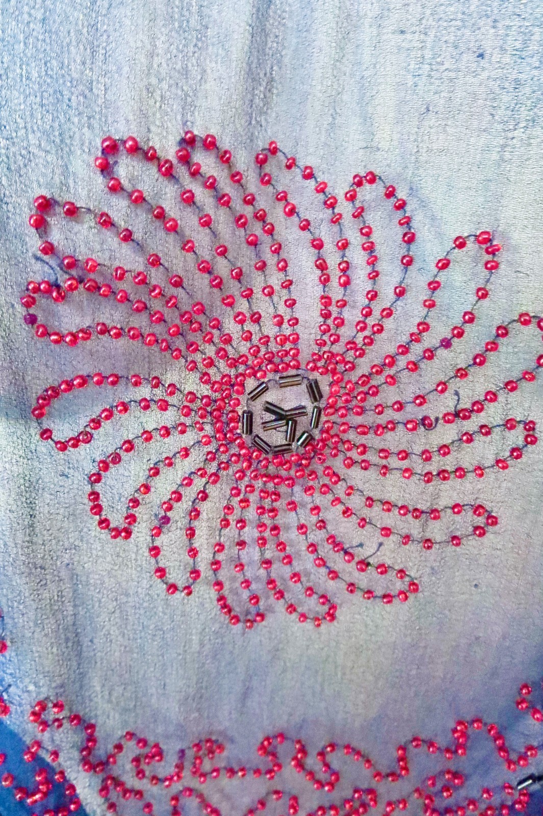 1920s Blue Sheer Crepe Silk Cranberry Red Beaded Flapper Blouse AS IS