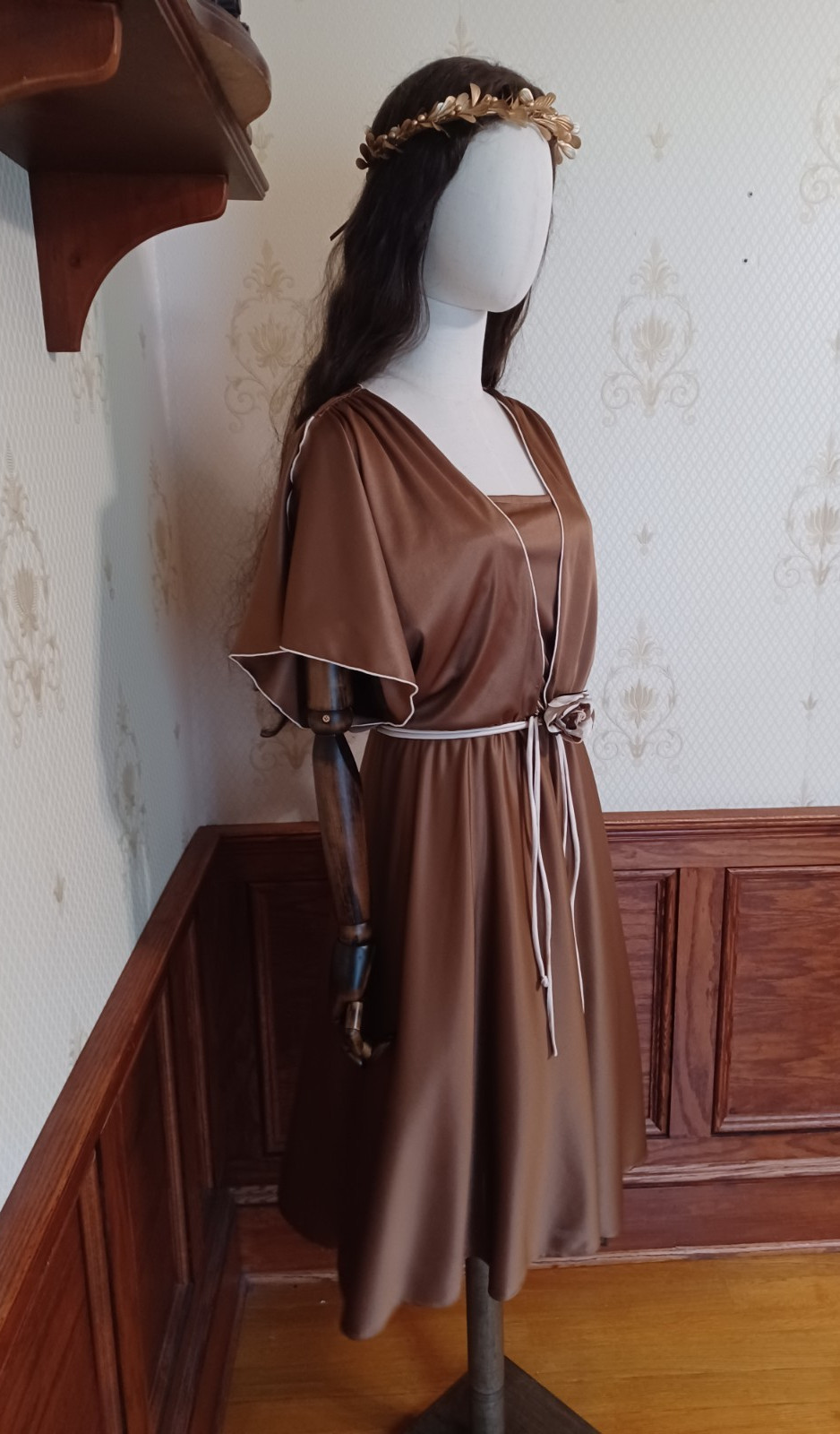 Vintage 1970s Union-Made Brown Flowy Disco Grecian Goddess Dress w/ Rose Brooch