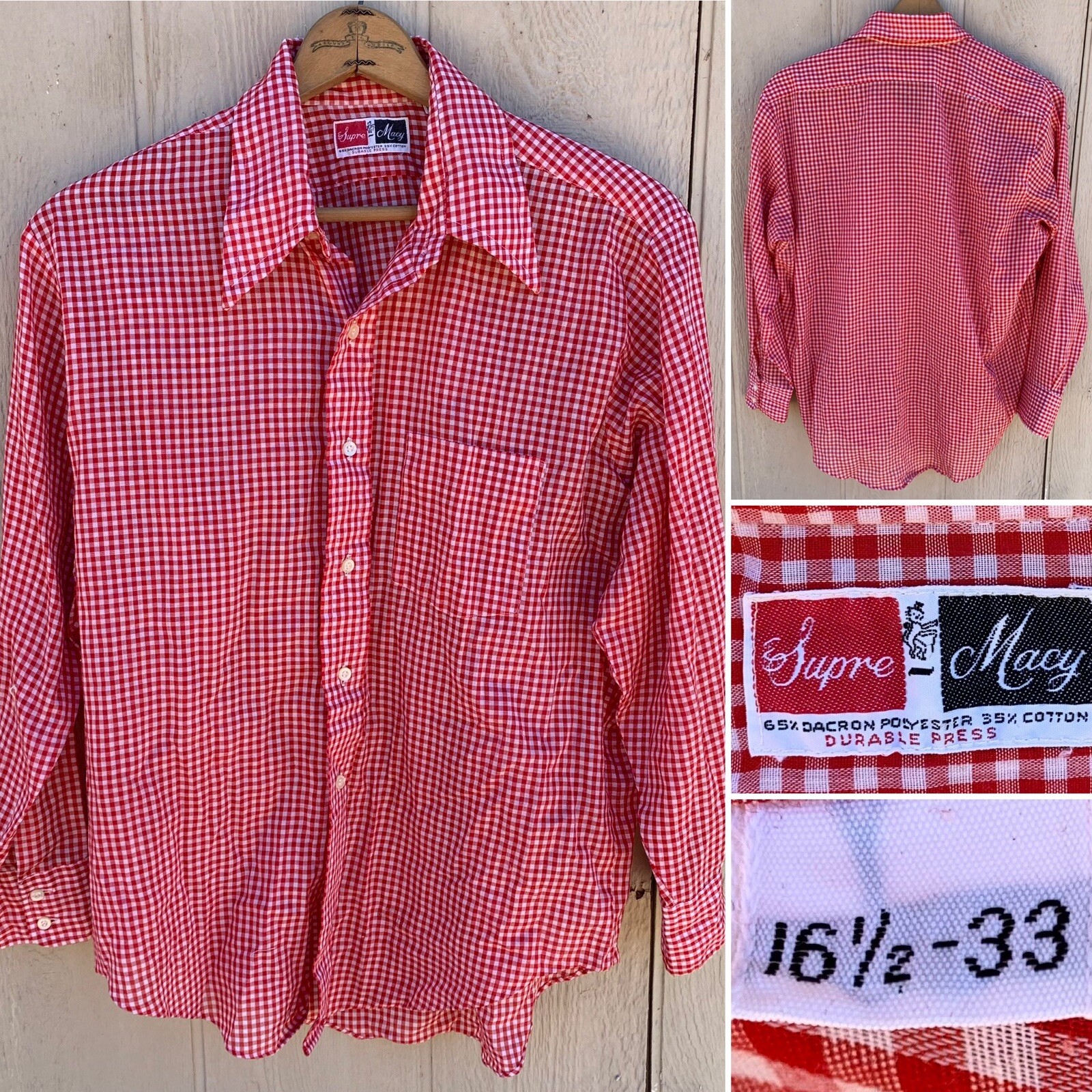 vintage Supre Macy red white gingham shirt left chest pocket size 16 1/2 – 33