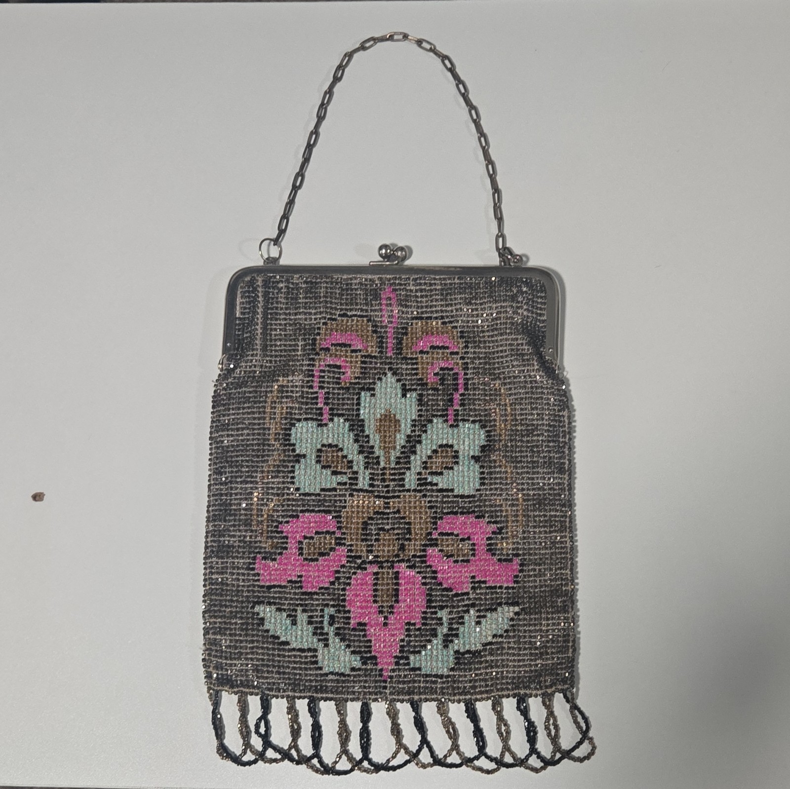 ​Antique German Beaded Purse Floral Micro Bead Handbag with Fringe – Vintage
