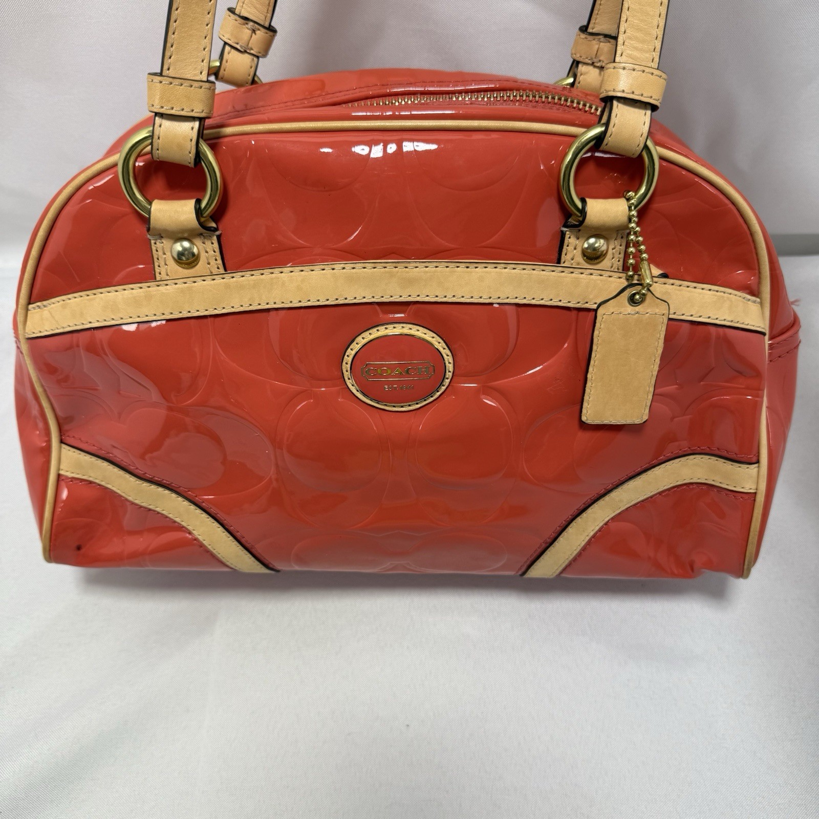 2012 Coach Orange Patent Leather Satchel Mandarin Glossy Tan Trim Gold Hardware