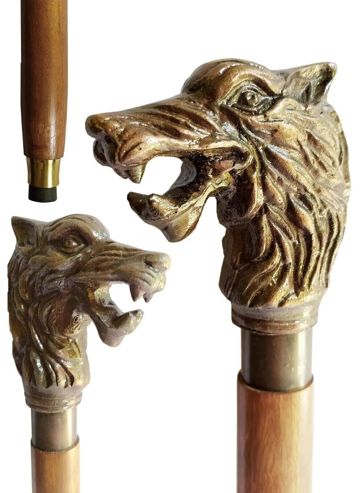 Antique Fox Head Copper Finish Handle Wooden Cane, Walking Stick Replica