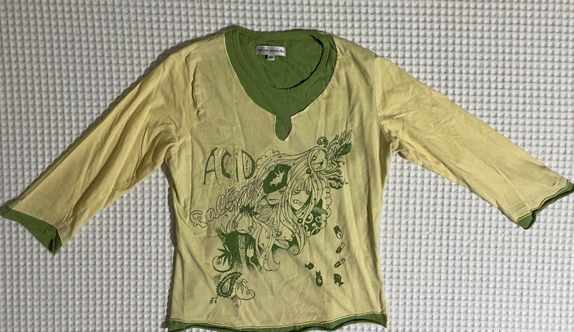 Vintage Y2K Graphic Layered Tee XXL Acid Factory Anime Skater 3/4 Sleeve