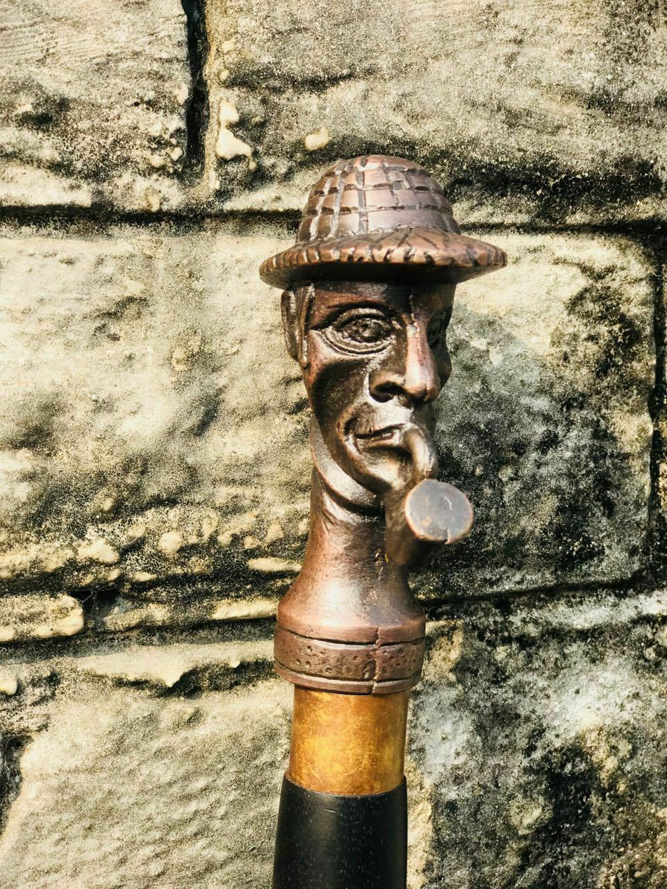 Vintage Sherlock Holmes Face Replica Walking Wood Cane Stick Pipe Retro Gift Men
