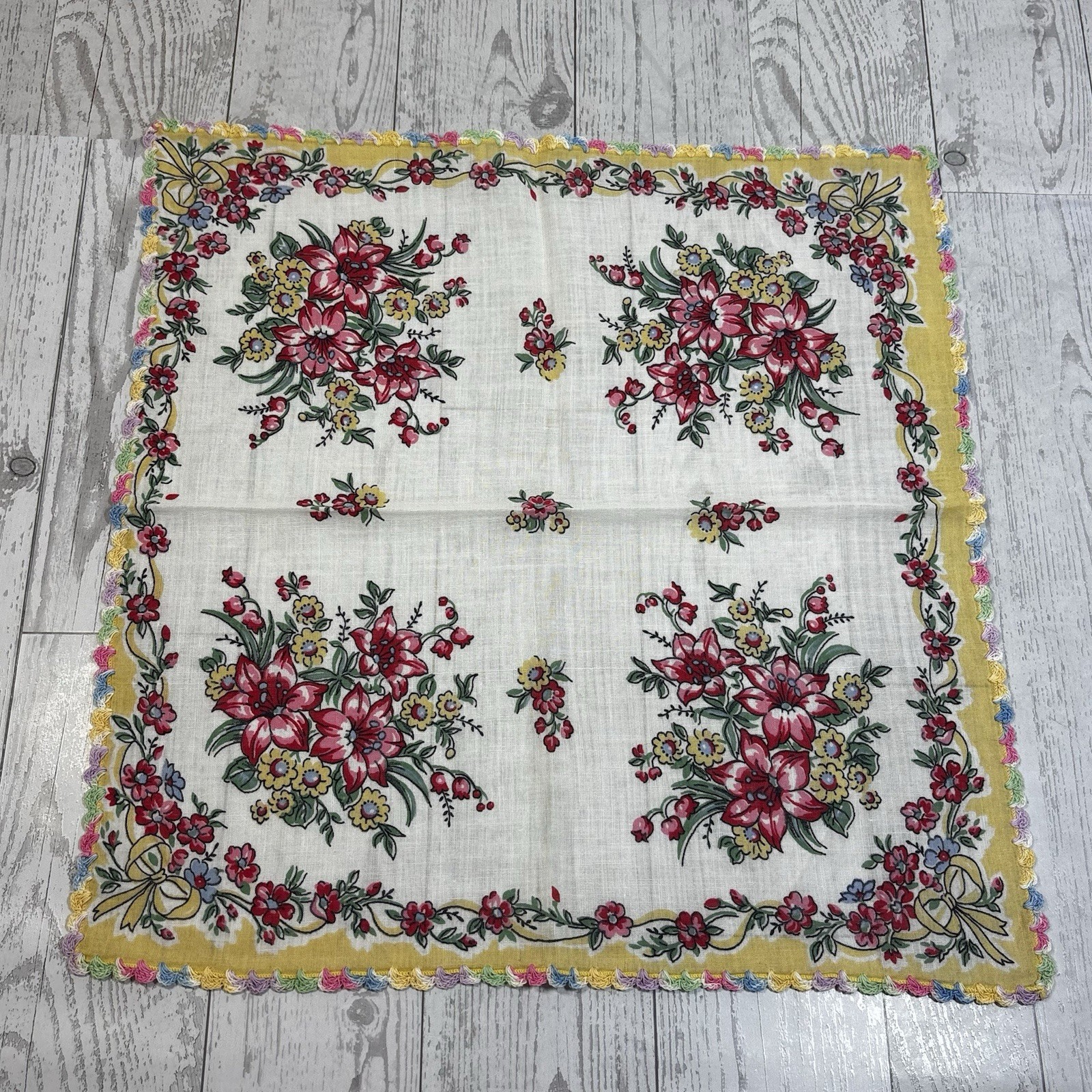 Vintage Floral Handkerchief 12” Crochet Edge Pink Yellow Bouquet Hankie Linen