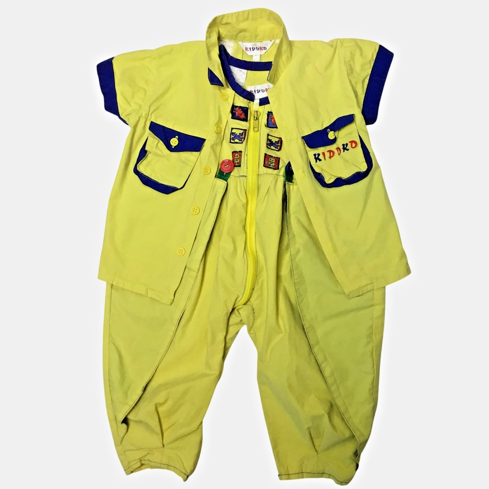 VTG KIDOKO Baby 2pc Romper Shirt Yellow Embroidered Patch Playset Korea18M VBC