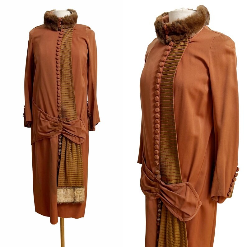 Authentic 1920s Dress / Fur Trimmed Dress / Flapper Dress / Size Medium
