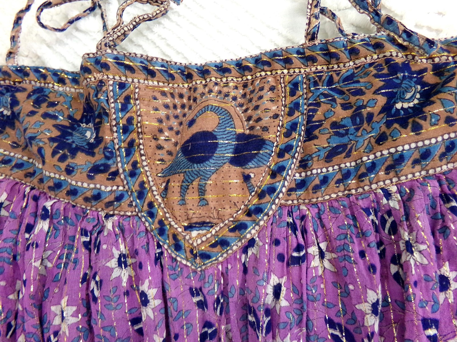 vtg Starina Paris dress, rare 1970s India boho golden peacock gauze sundress, S