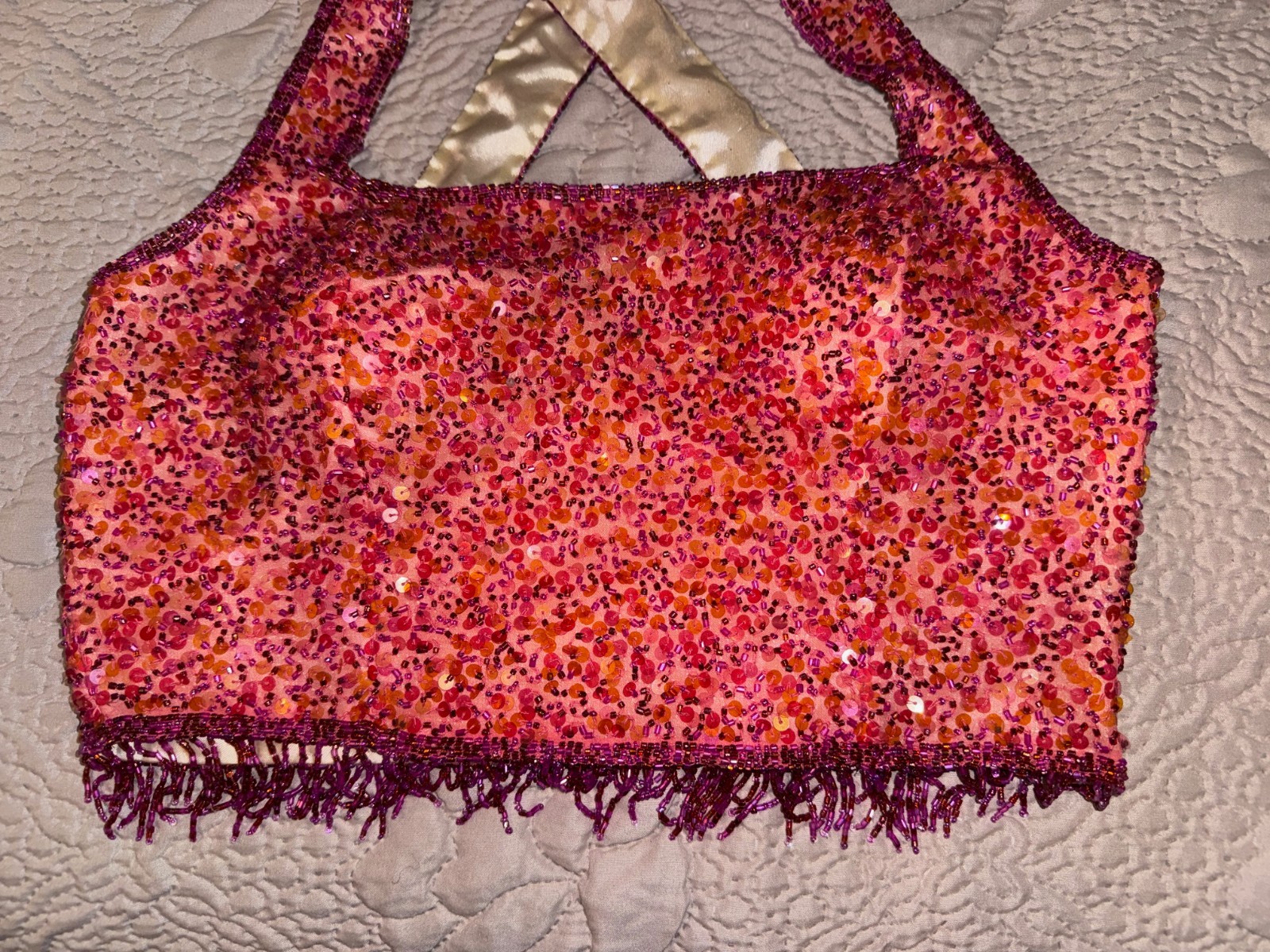 VTG SCALA Sequin Beaded Cropped Top Pinkish salmon Fringe Hem Cris Cross Size S