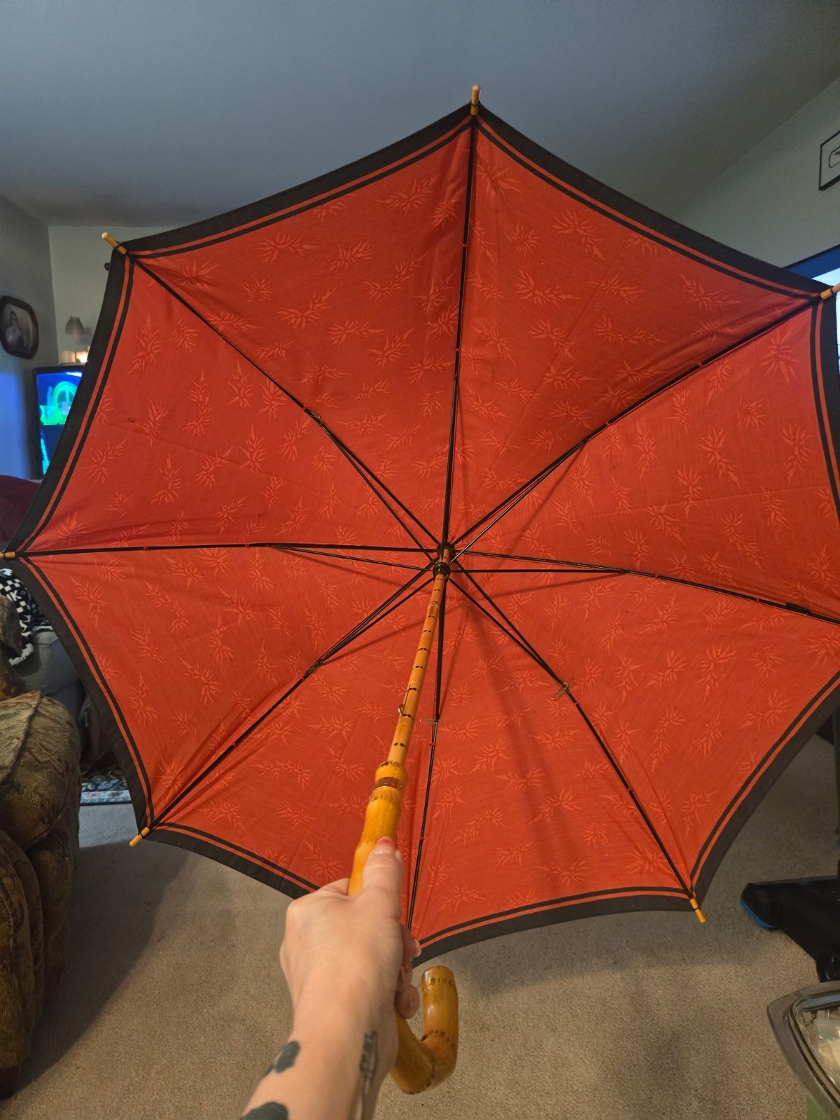 Vintage YSL Parasol Umbrella, Bamboo Wood Handle/Shaft, Metal Collar