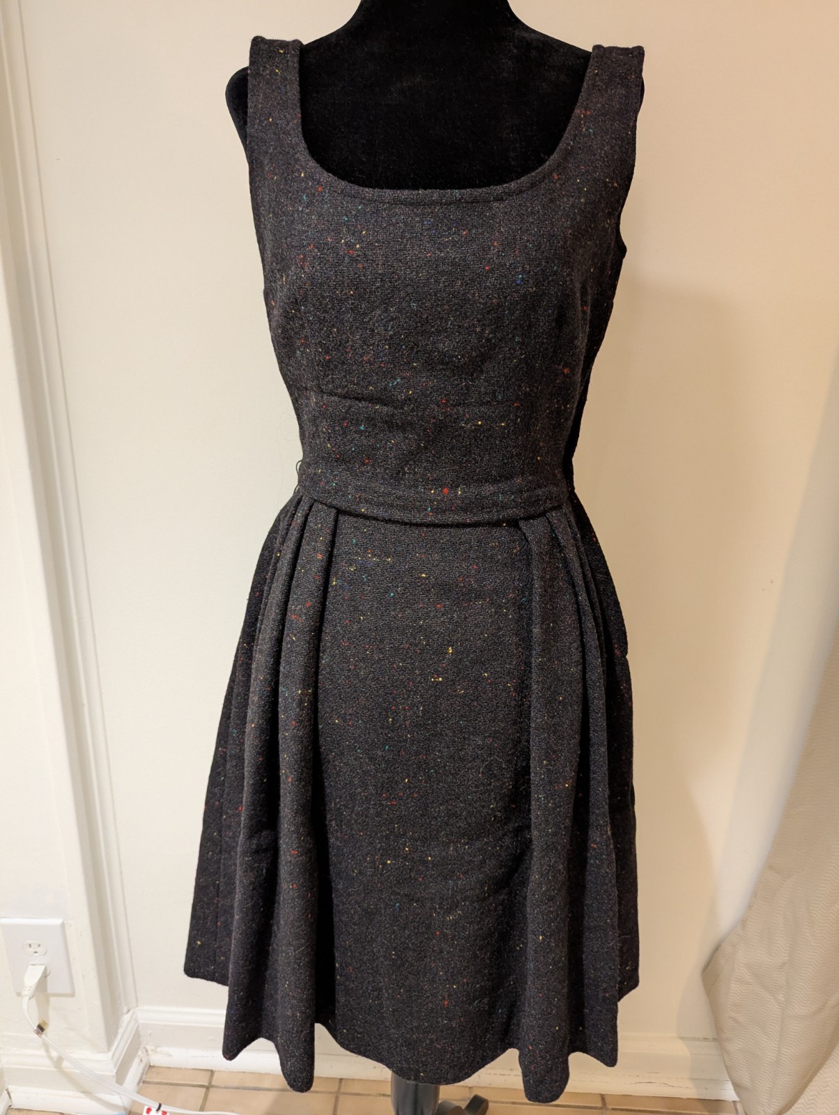 Vintage 1950s Sport Whirl Jeanne Campbell Black Donegal Tweed Wool Dress Small