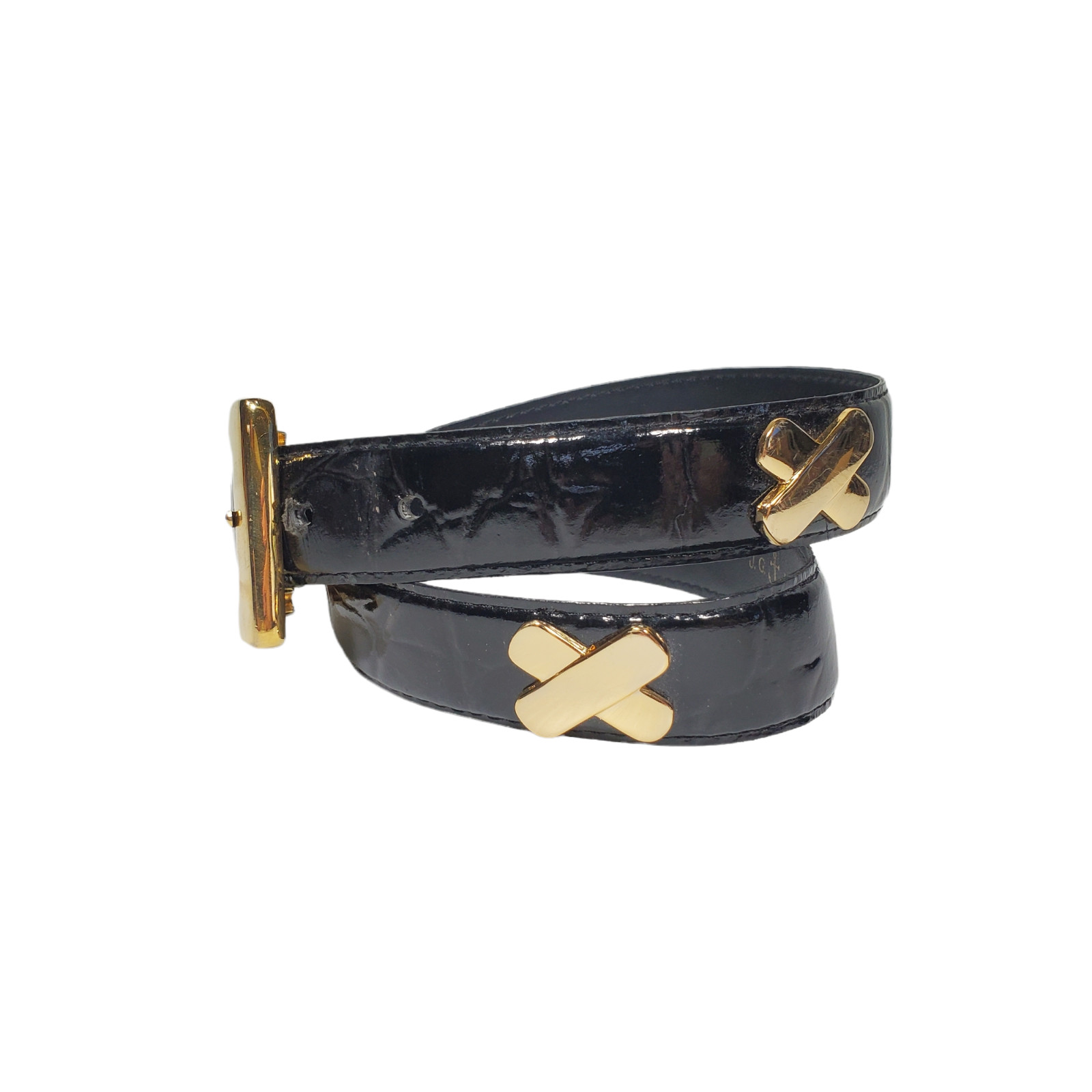 VTG 90s JG Hook Moc Croc Belt Womens Sz M/L Black Patent Pleather Gold Brass X